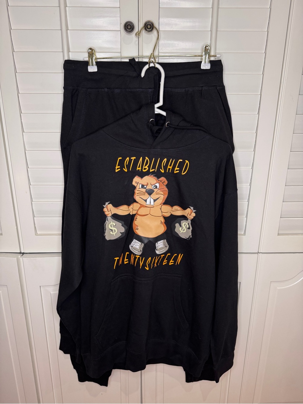 Black Graphic Hoodie + Pants with Orange Mascot Print